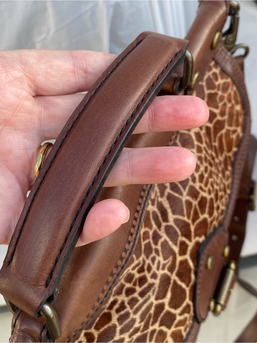 FOSSIL vintage revival reissue brown leather calfhair giraffe satchel bag purse - Picture 6 of 16